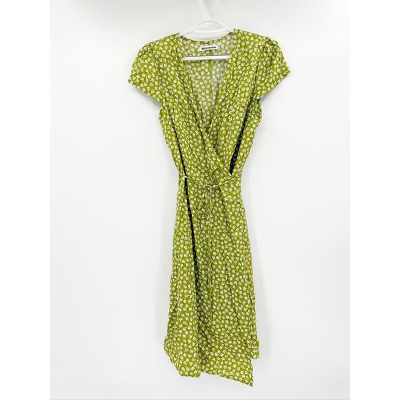 Reformation Zena Jessie Green Floral Print Short Sleeve Wrap Dress Size L - Picture 2 of 6